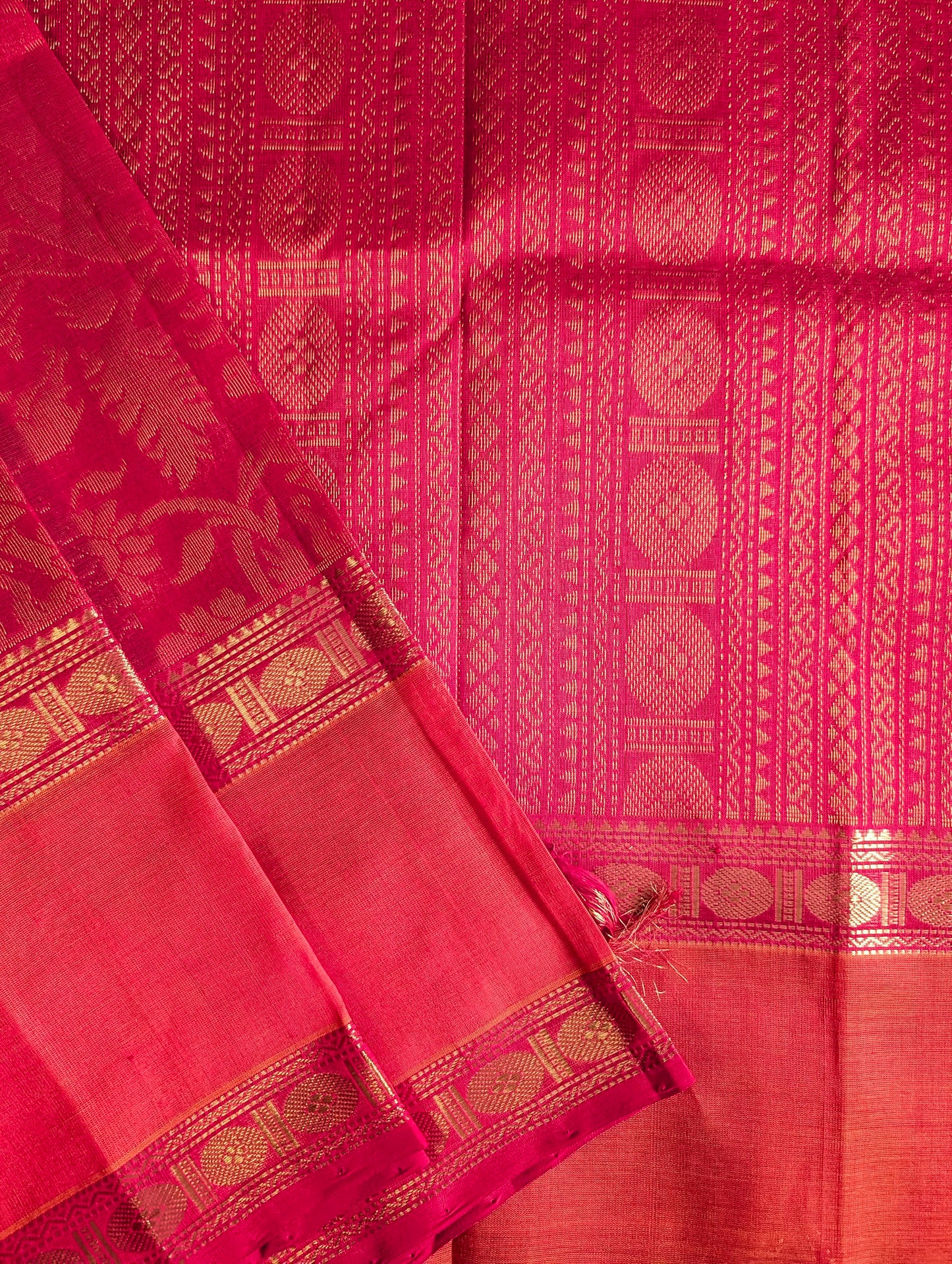 Red and orange animal motifs Pure kanchi silk cotton