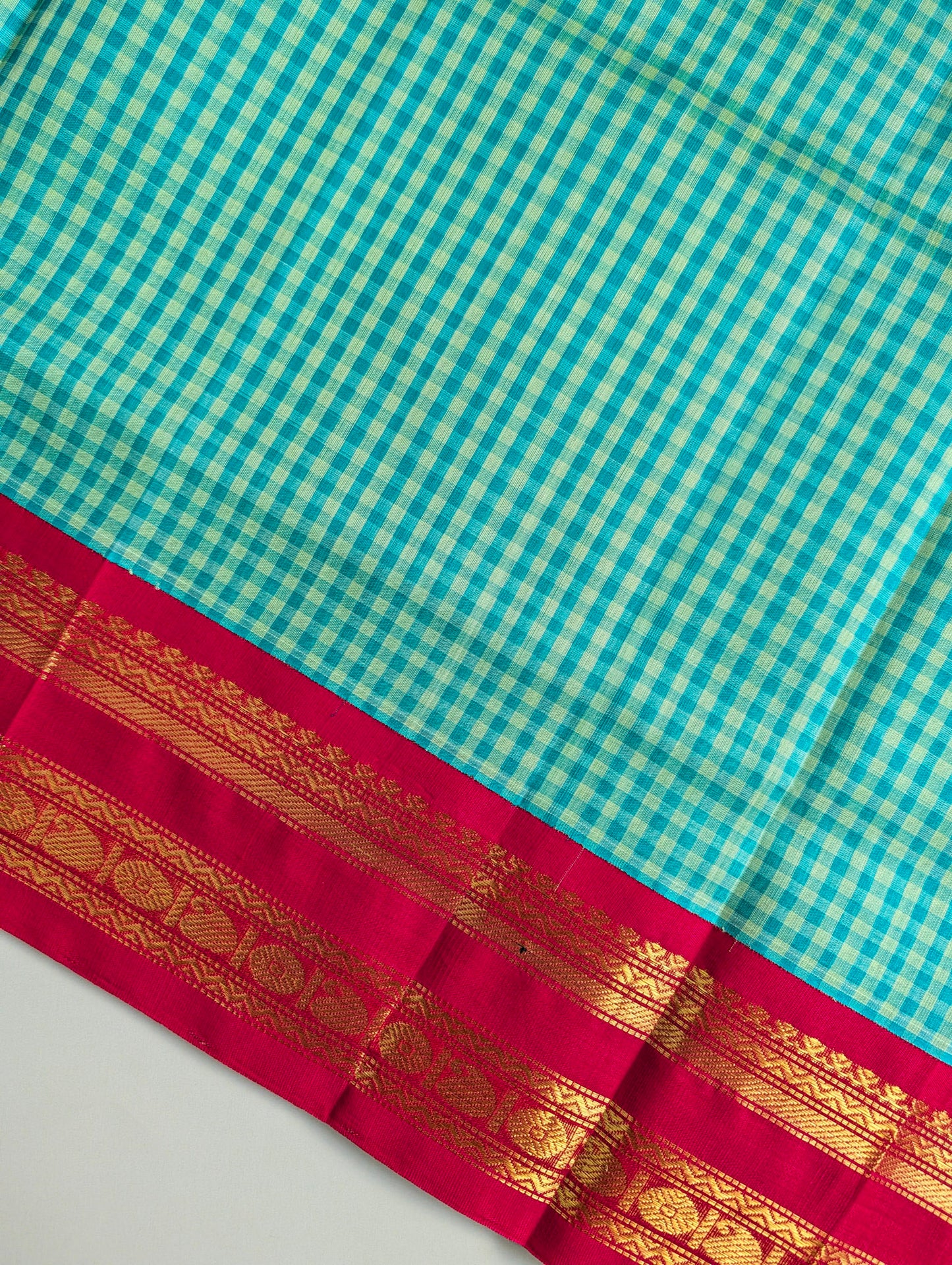 Green and white checks with red border kanchi silk saree