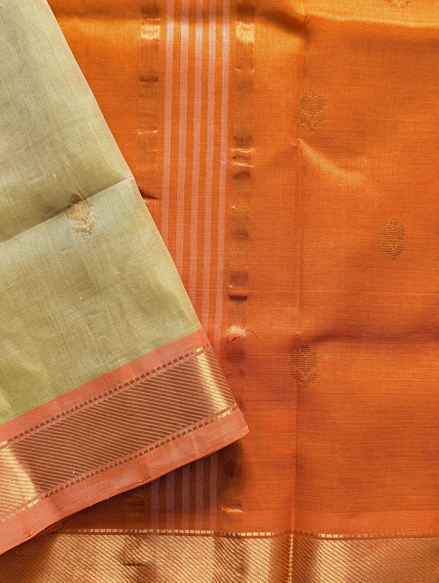 Pastel Green With Orange Pure Kanchi Silk Cotton Saree with Buttas