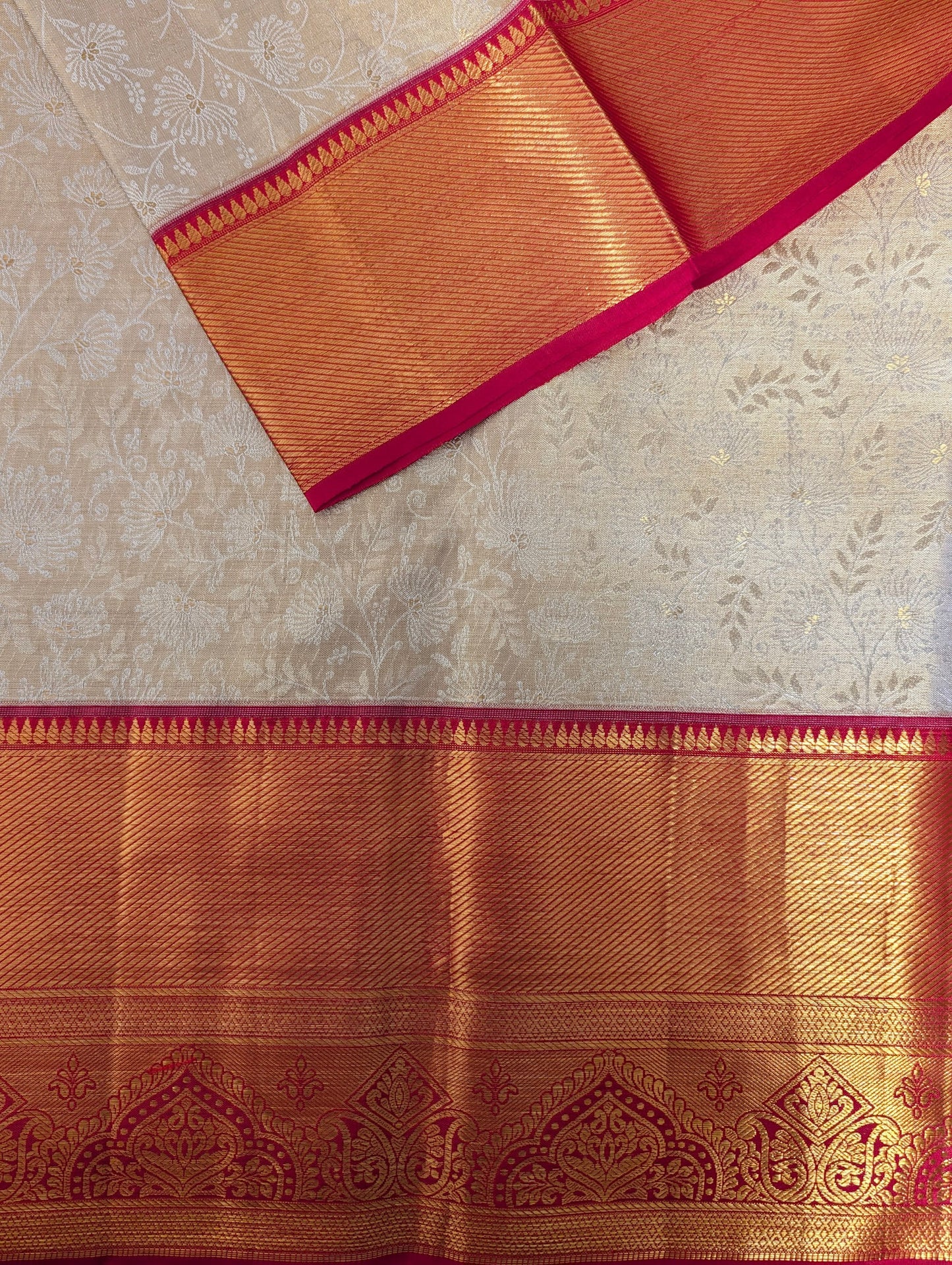 Cream and Red Dandelion Brocade Kanjeevaram Silk Saree