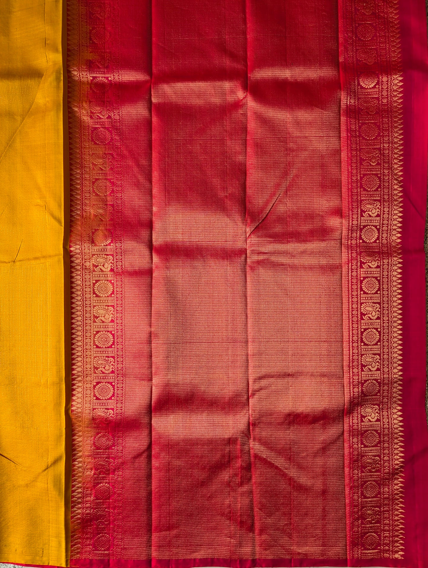 Golden Yellow with Red Borderless Kanjeevaram Silk Saree