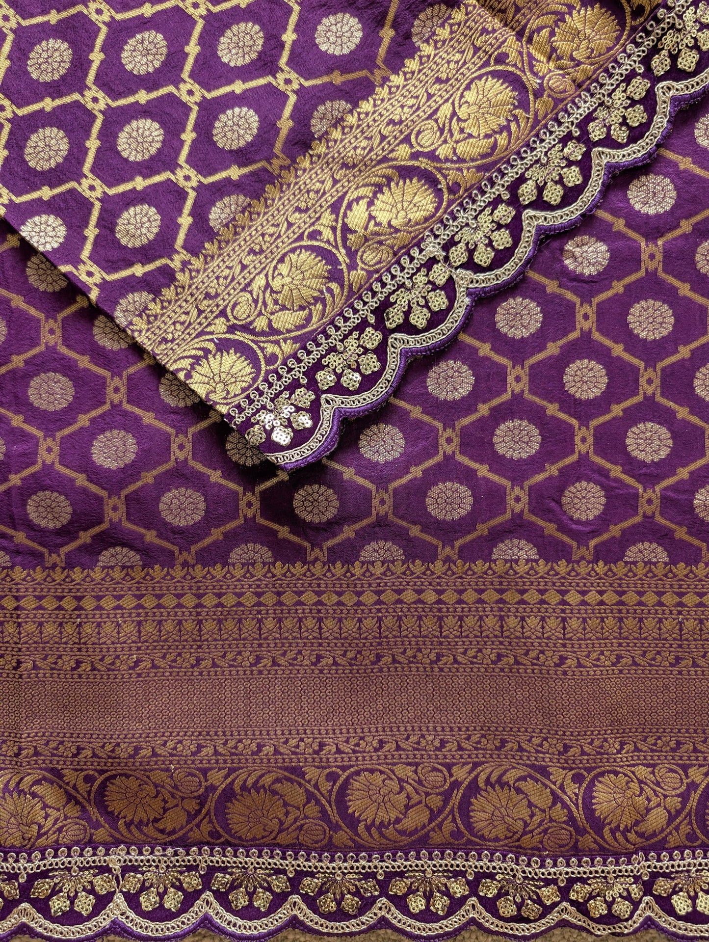 Purple Semi Banarasi Silk Saree with Scallop Border