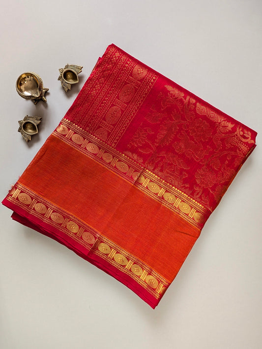 Red and orange animal motifs Pure kanchi silk cotton