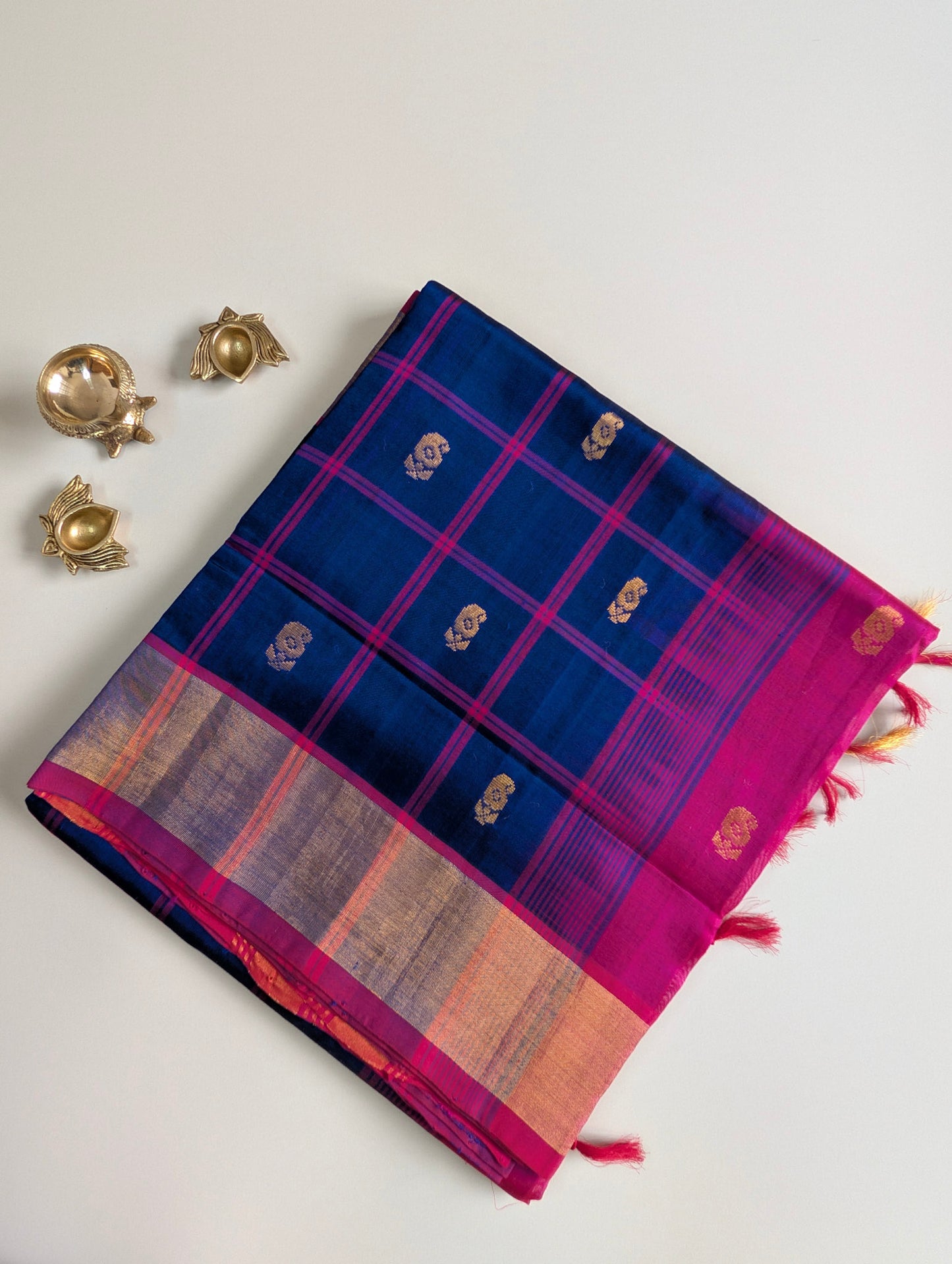 Blue with Pink Checks and Butta Pure Kanchi Silk Cotton Saree