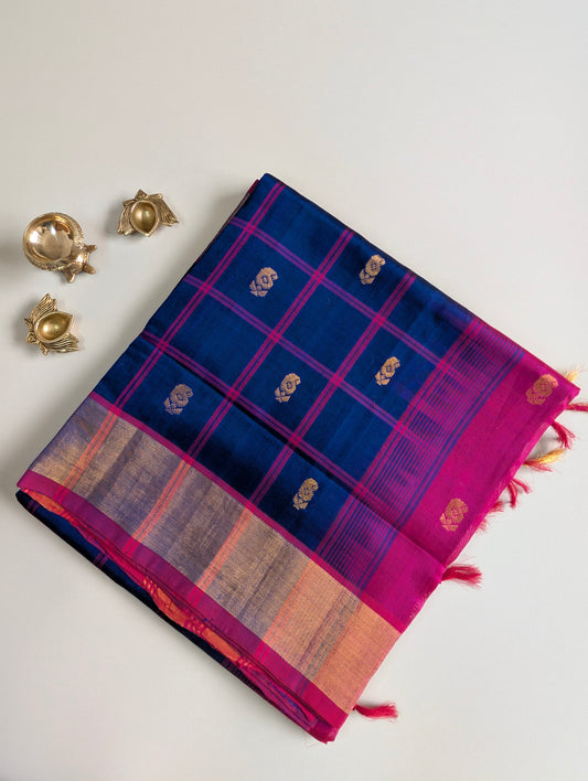 Blue with Pink Checks and Butta Pure Kanchi Silk Cotton Saree