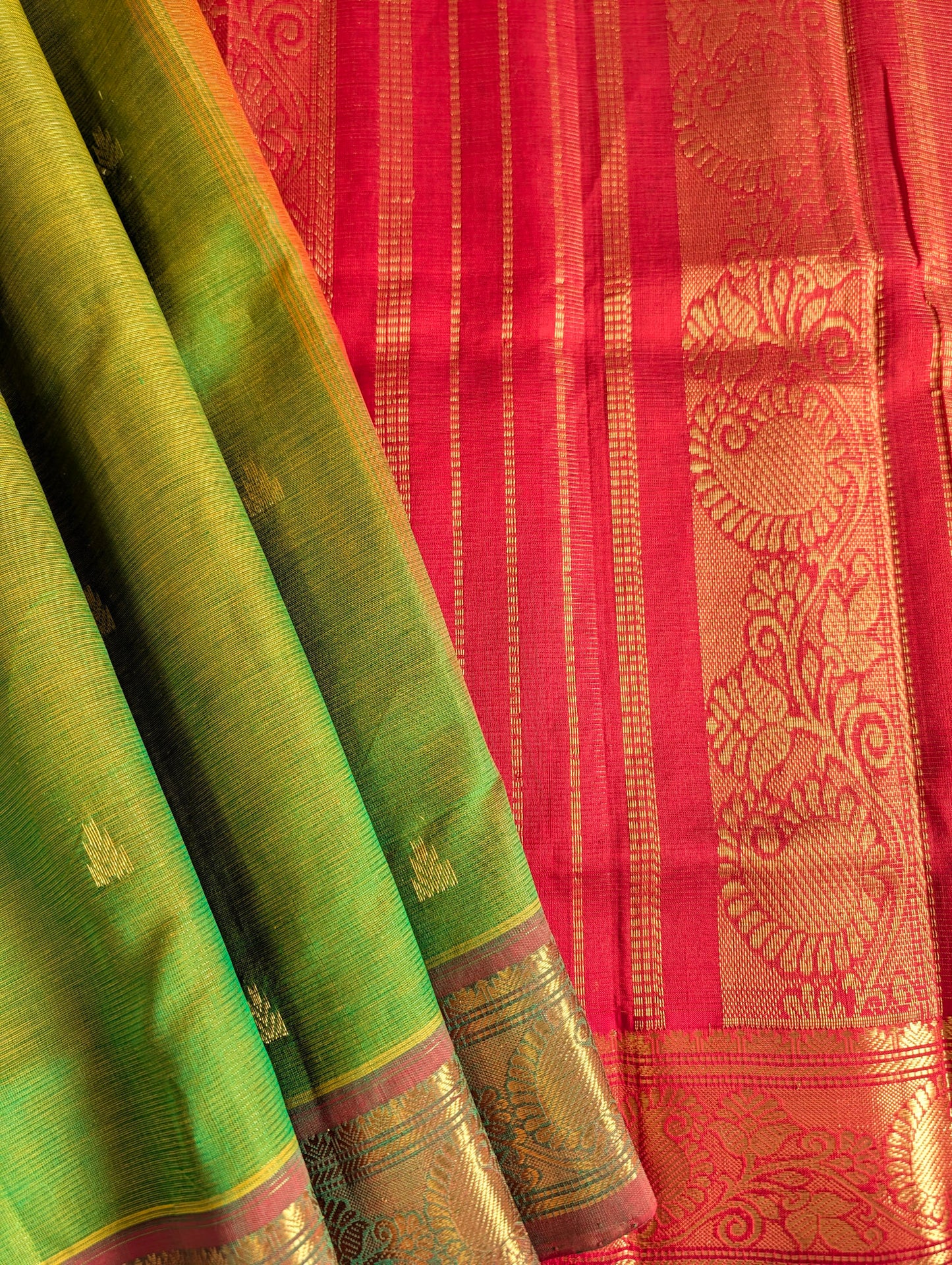 Green with Red Vaira Oosi Pure Kanchi Silk Cotton with Buttas