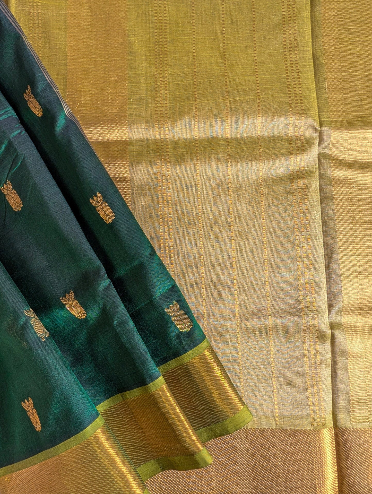 Bottle green with leaf green Kanchi silk cotton saree