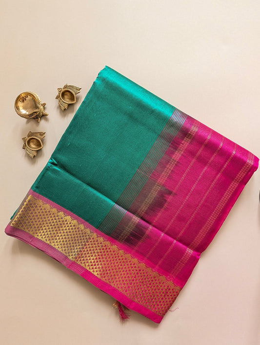 Cyan Blue with Pink Pure Kanchi Silk Cotton Saree