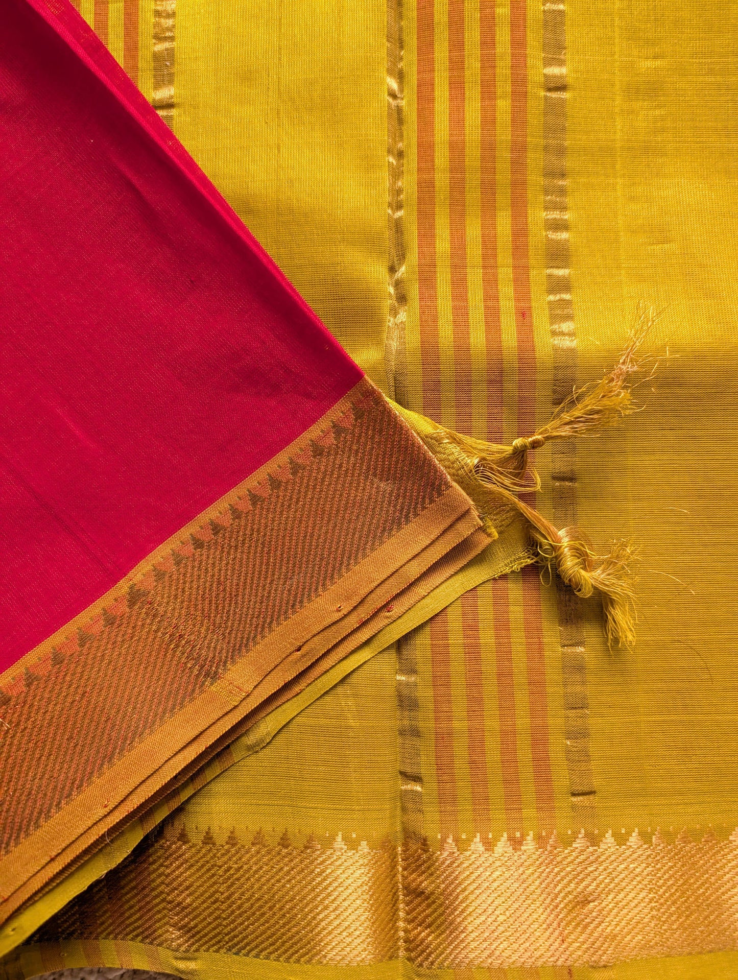 Kumkum Red with Turmeric Yellow Pure Kanchi Silk Cotton Saree