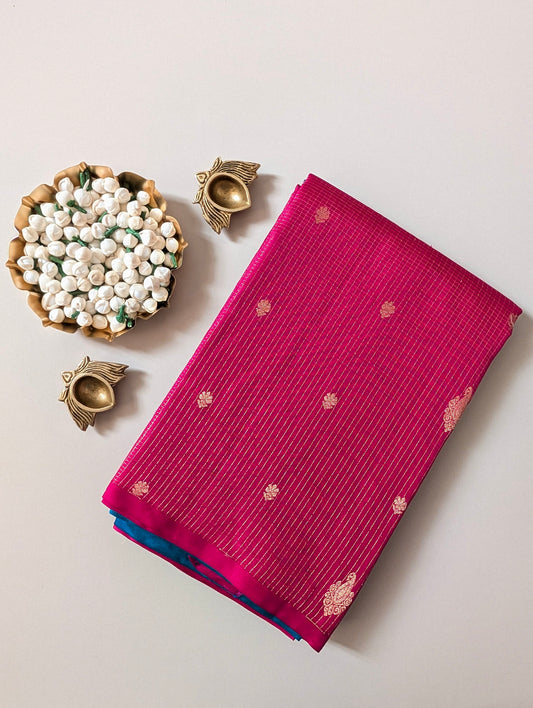 Pink checks Borderless Kanjeevaram Silk Saree
