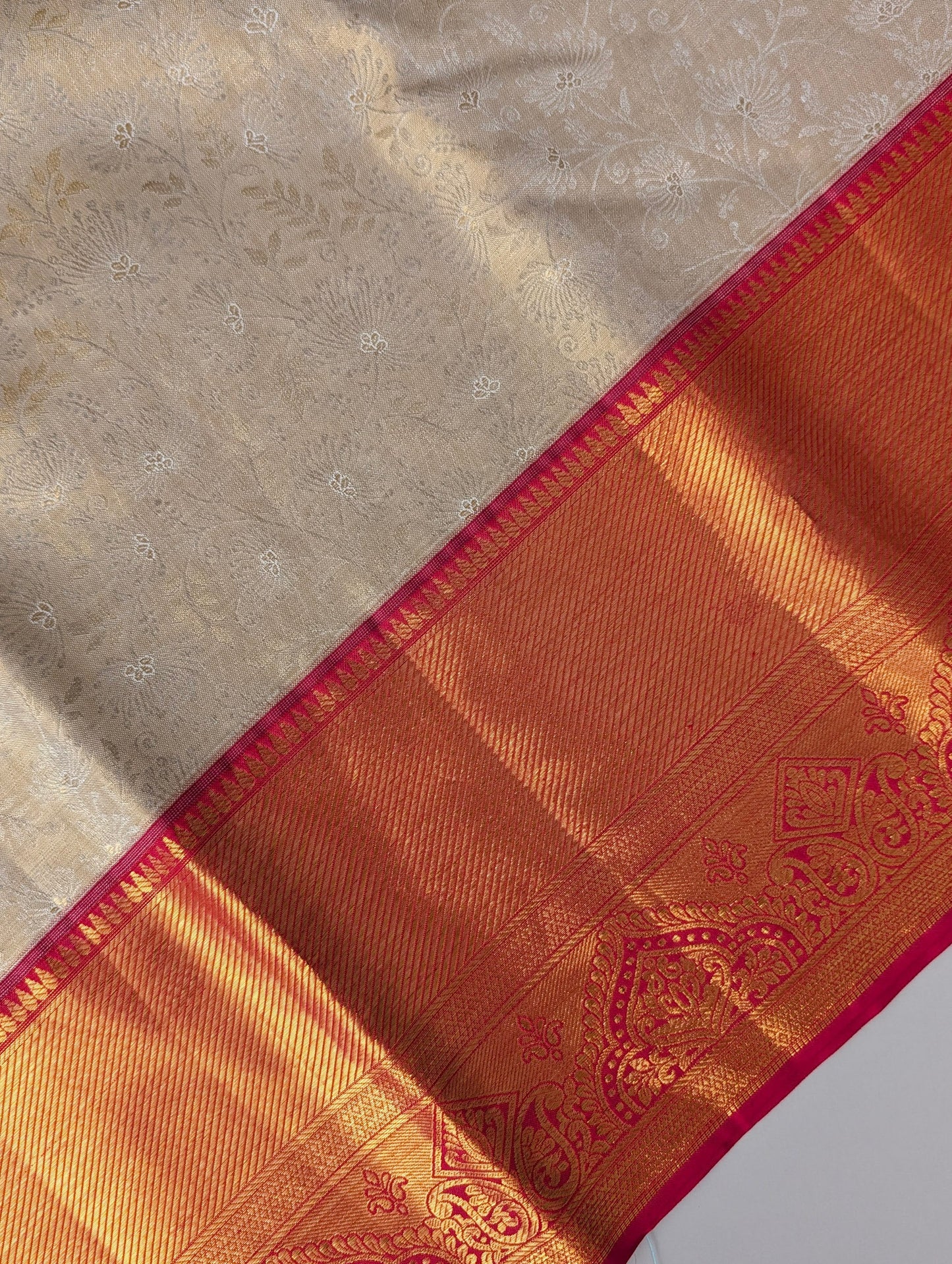 Cream and Red Dandelion Brocade Kanjeevaram Silk Saree
