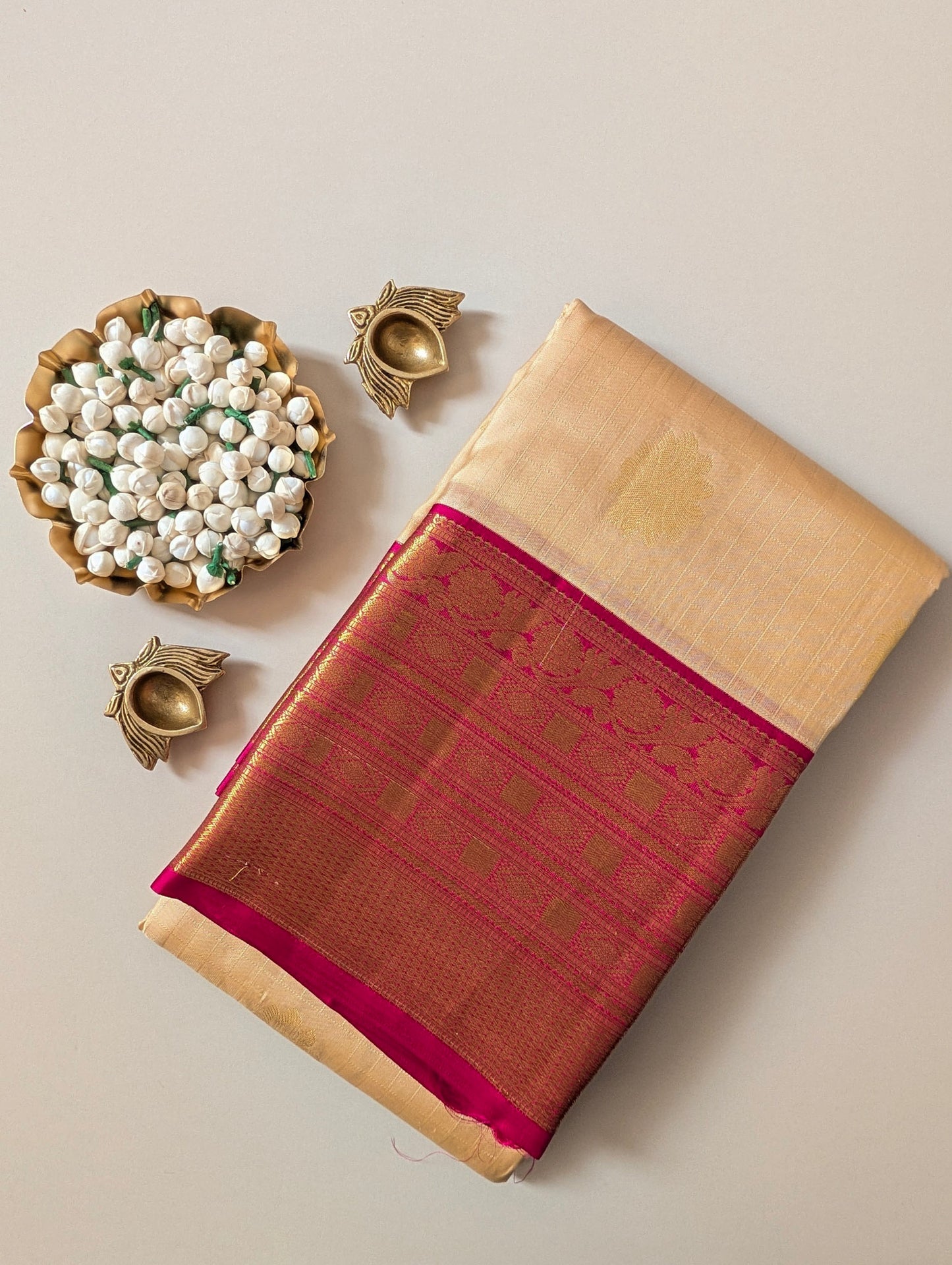 Beige and Pink Kanjeevaram Silk Saree