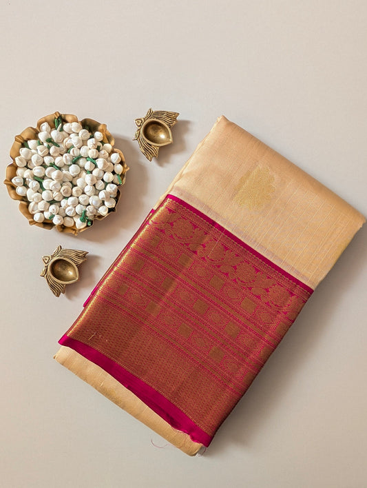 Beige and Pink Kanjeevaram Silk Saree