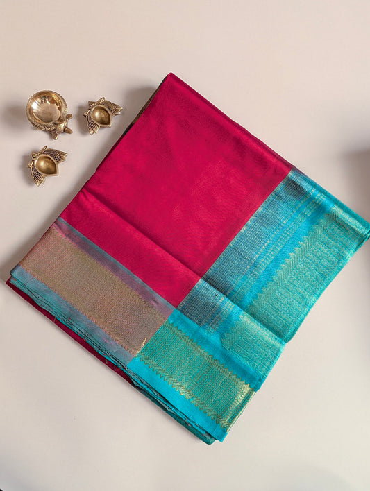 Red with Turquoise Pure Kanchi silk cotton saree