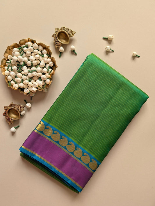 Parrot Green with Blue Lightweight Pure Silk Saree
