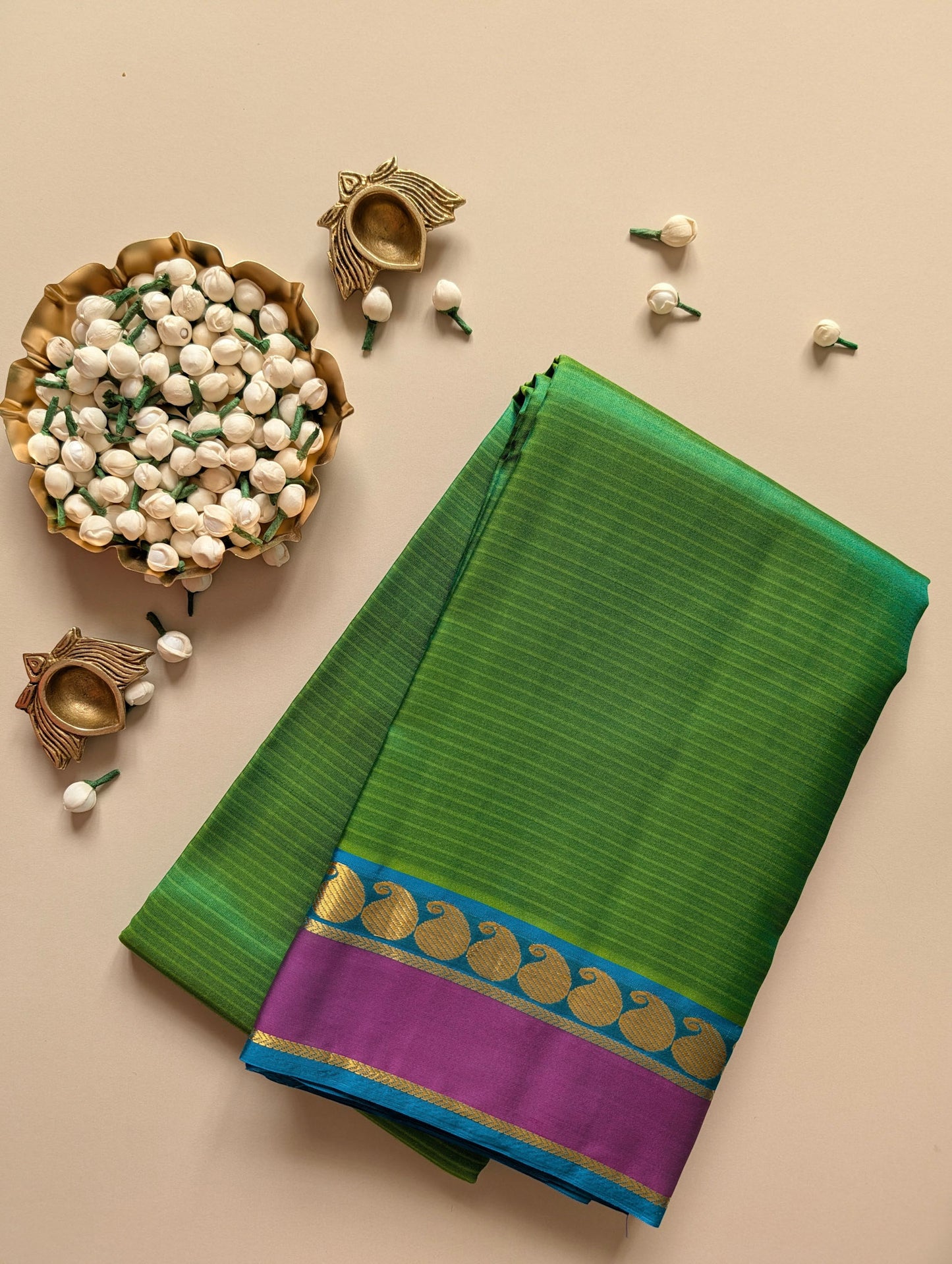 Parrot Green with Blue Lightweight Pure Silk Saree
