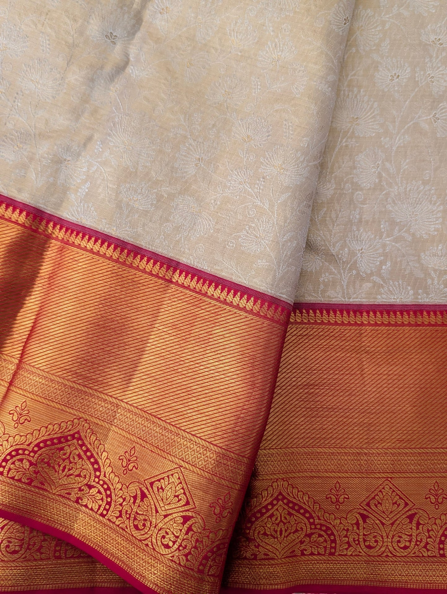 Cream and Red Dandelion Brocade Kanjeevaram Silk Saree