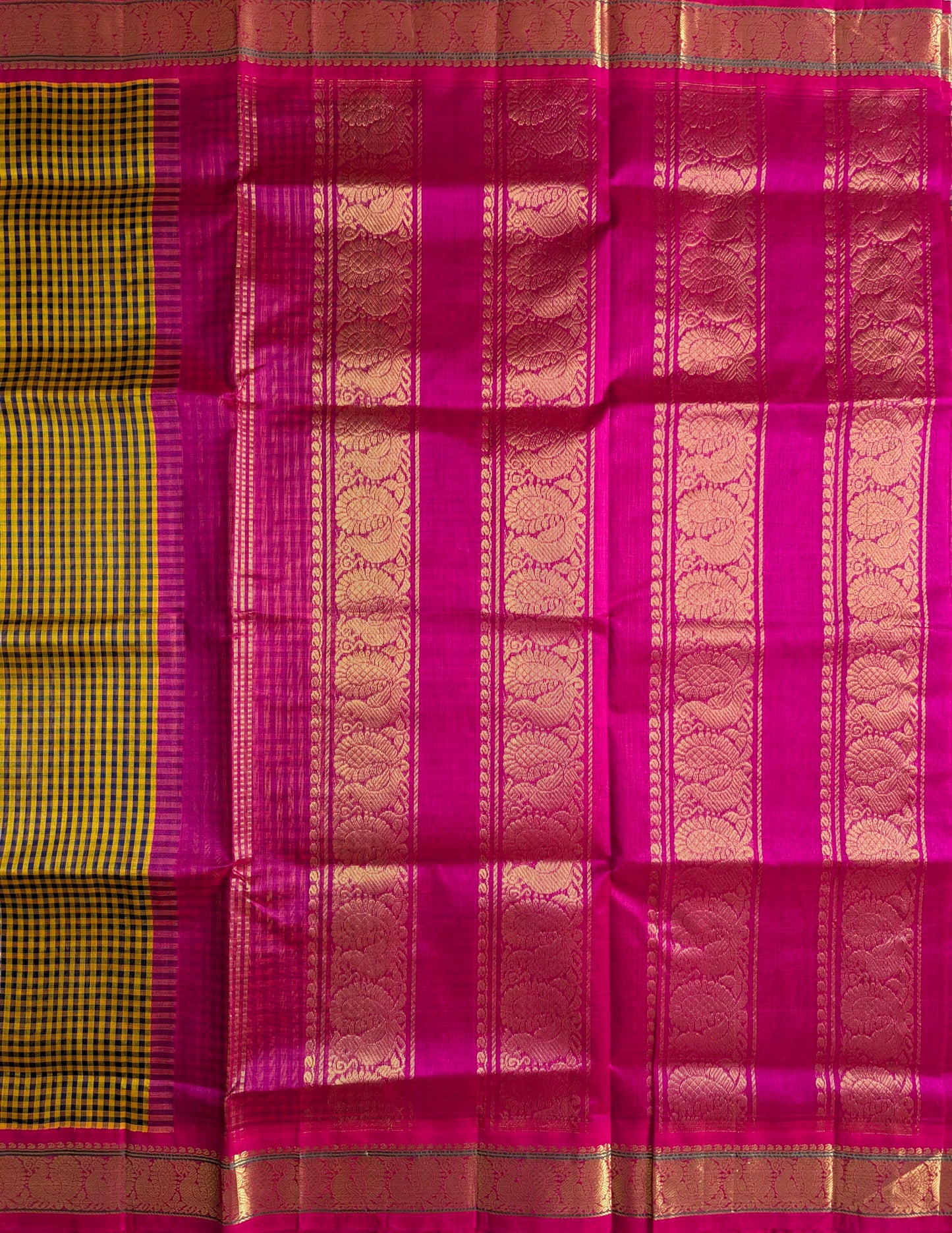 Yellow and black checks with pink peacock border