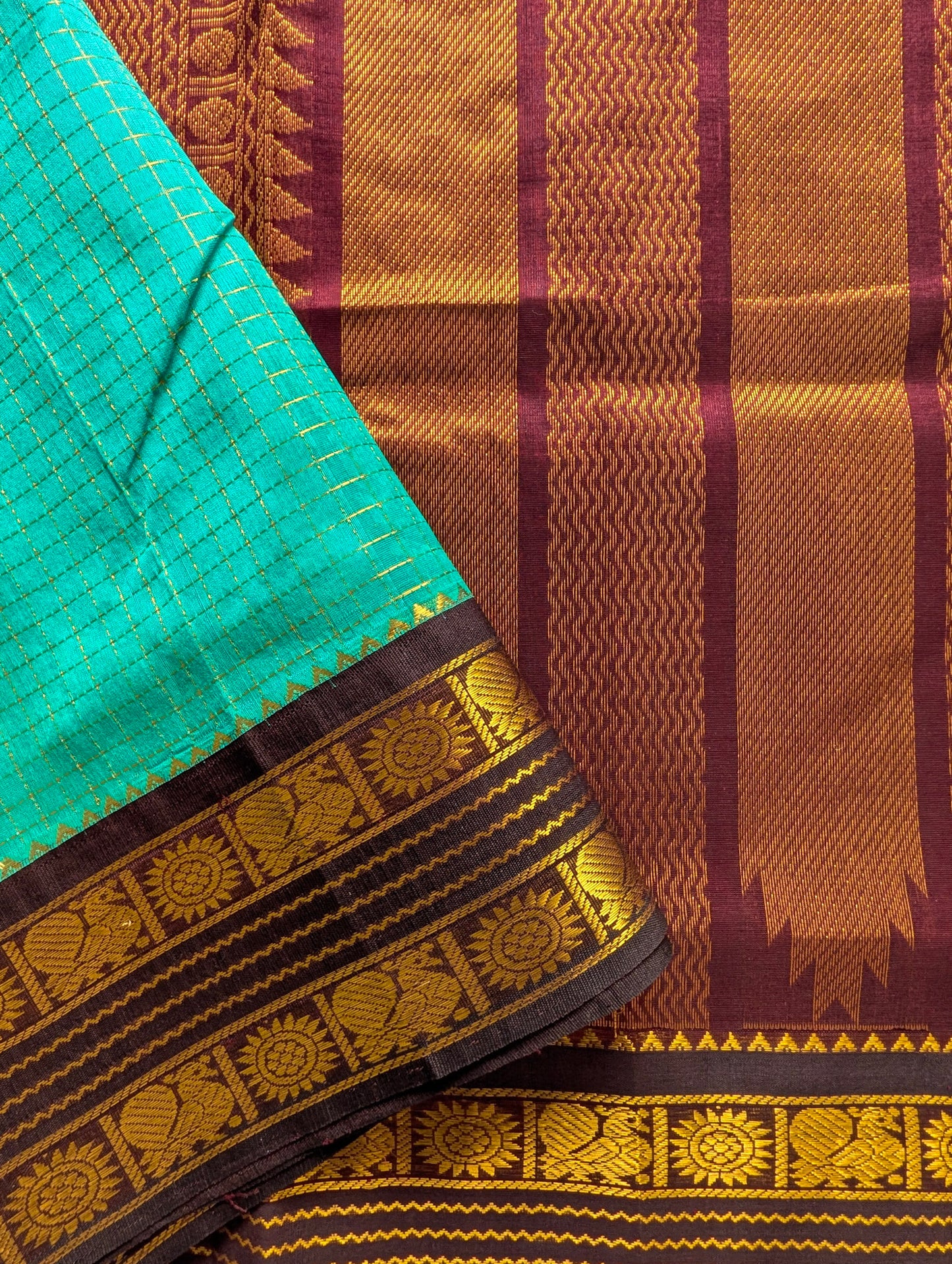 Cyan Blue with Coffee Brown Koravi Pure Kanchi Silk cotton Saree
