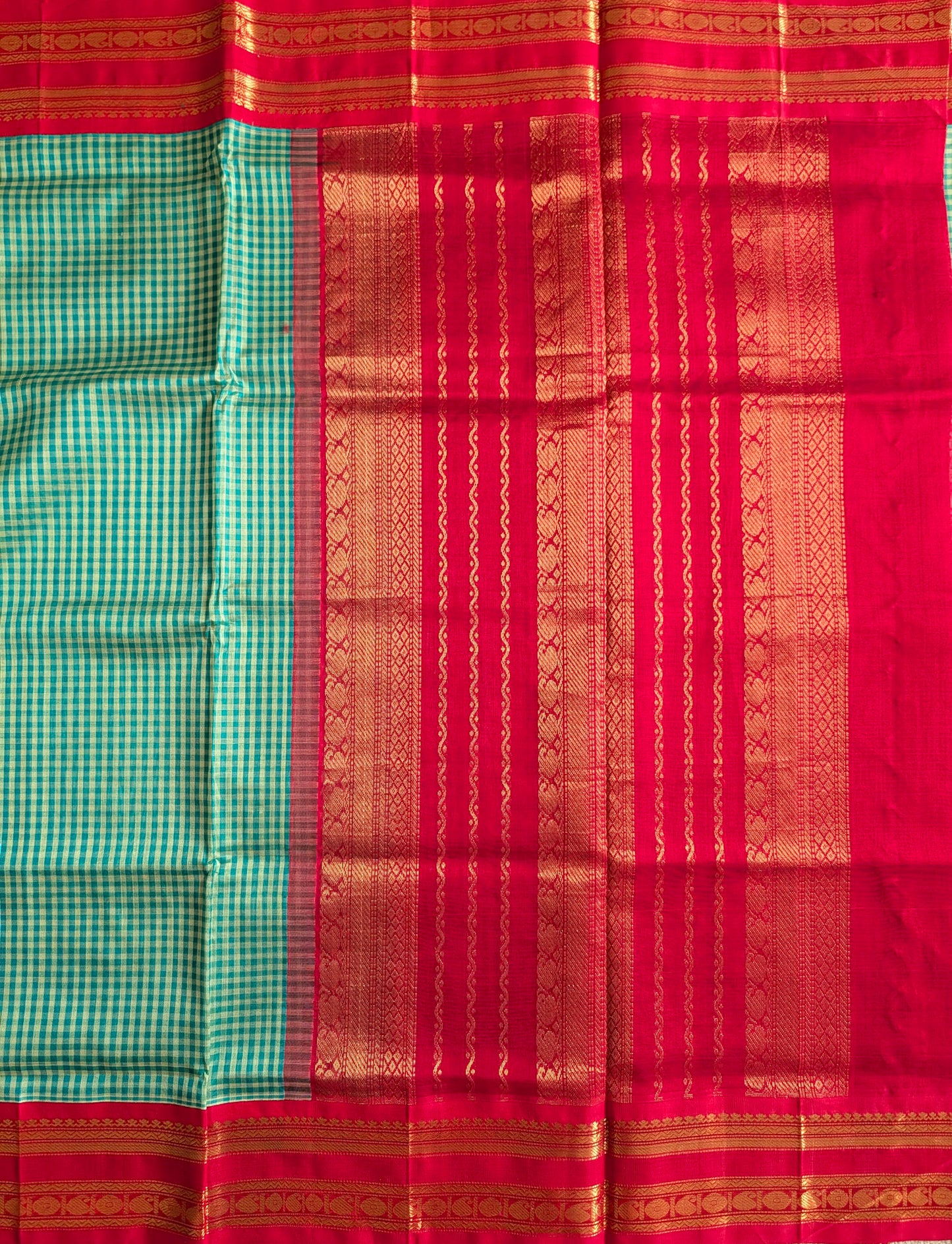 Green and white checks with red border kanchi silk saree
