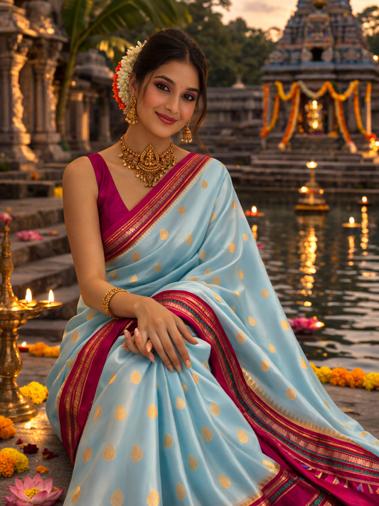 Cyan Blue with Maroon Warm Silk Saree
