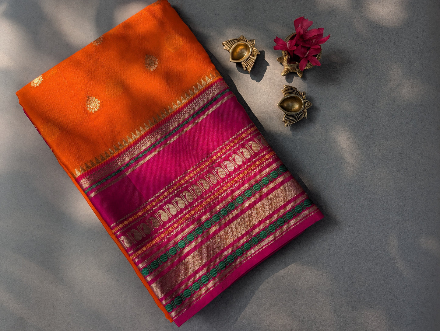 Orange and pink Banarasi Warm Silk Saree
