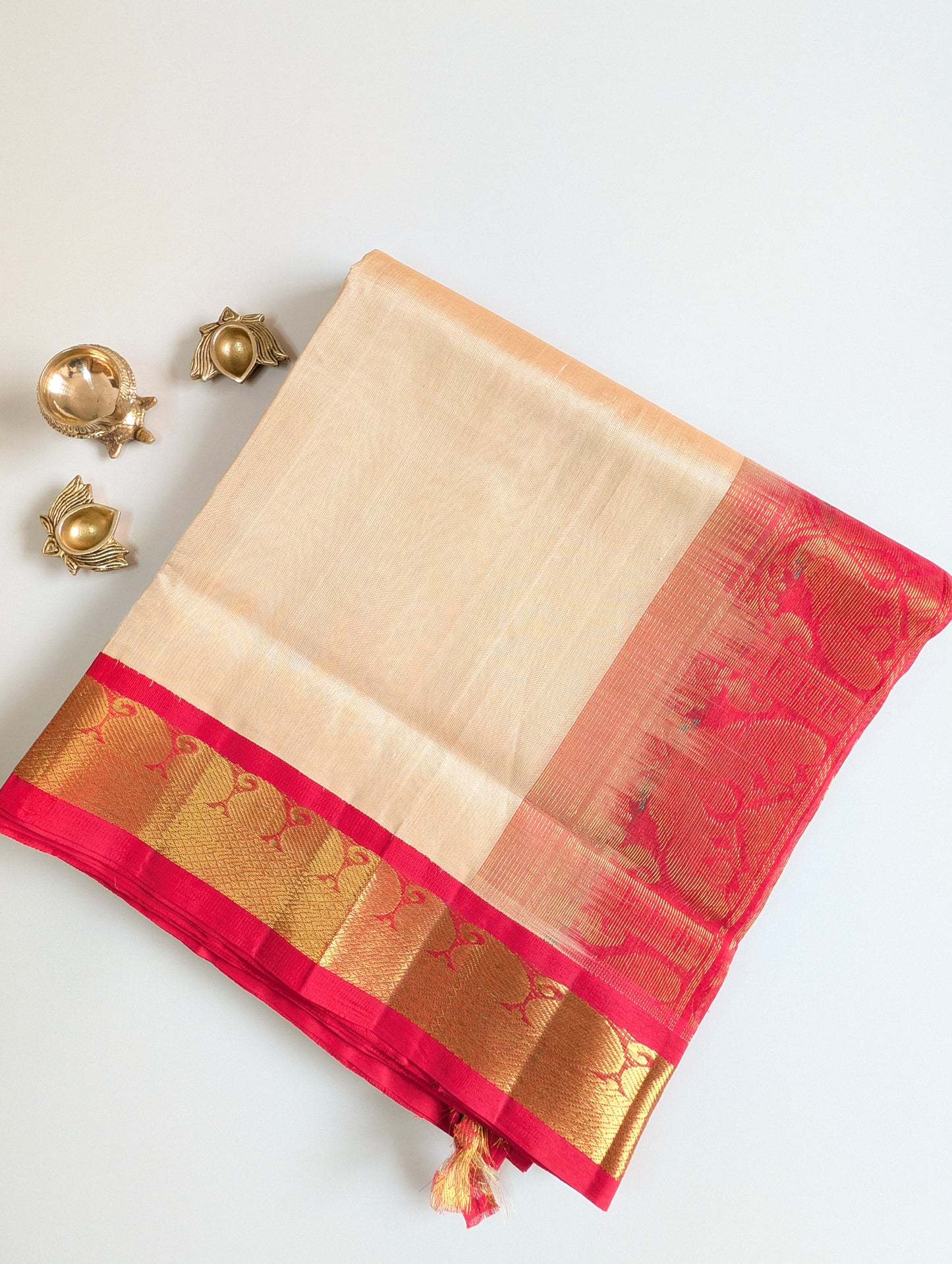 Beige with Red Pure Kanchi Silk Cotton saree