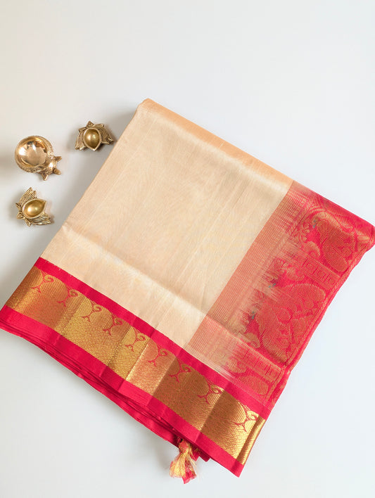 Beige with Red Pure Kanchi Silk Cotton saree