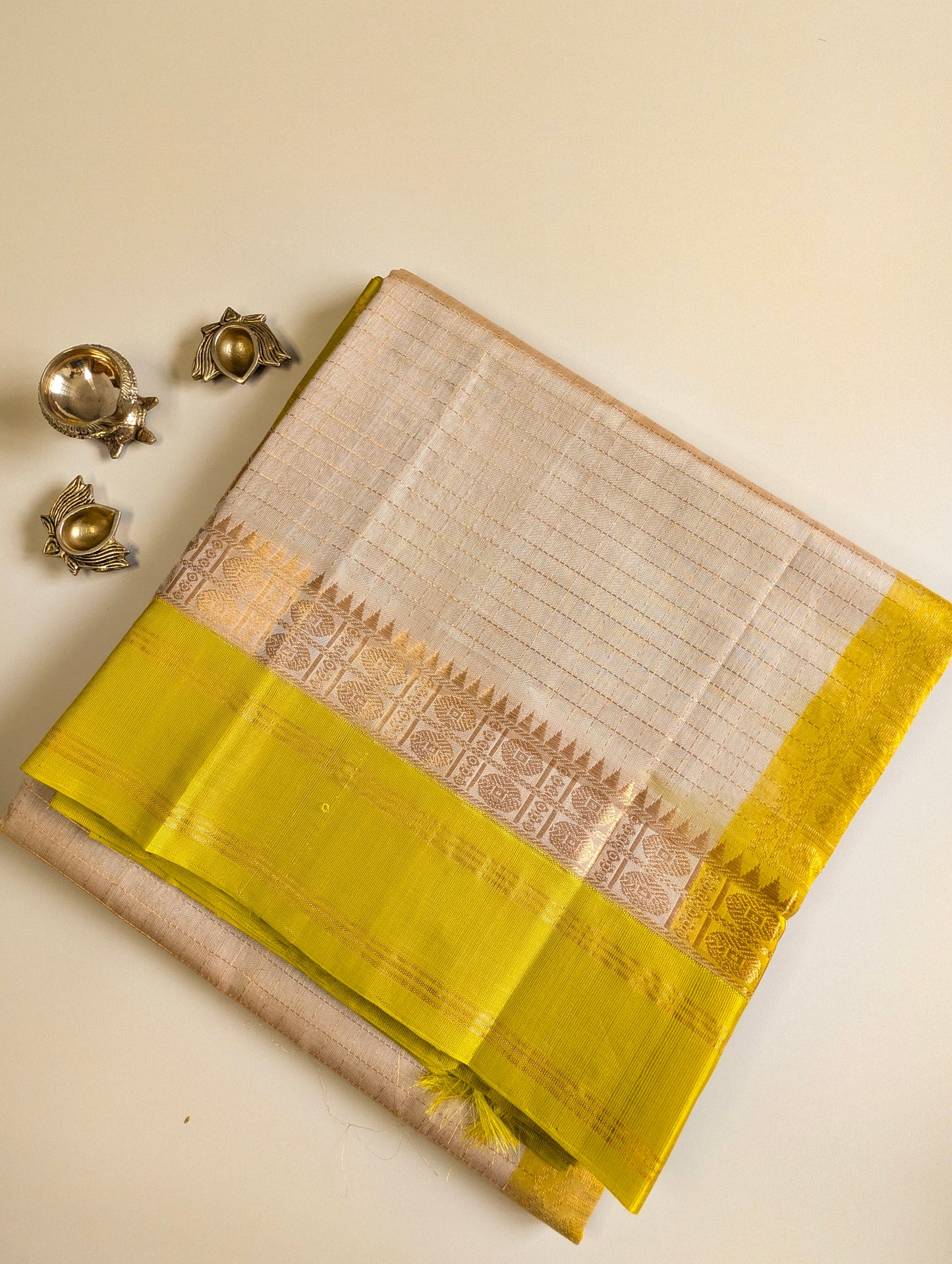 Beige with yellow Pure Kanchi Silk Cotton Saree