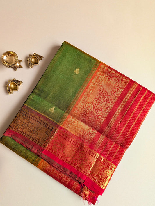 Green with Red Vaira Oosi Pure Kanchi Silk Cotton with Buttas