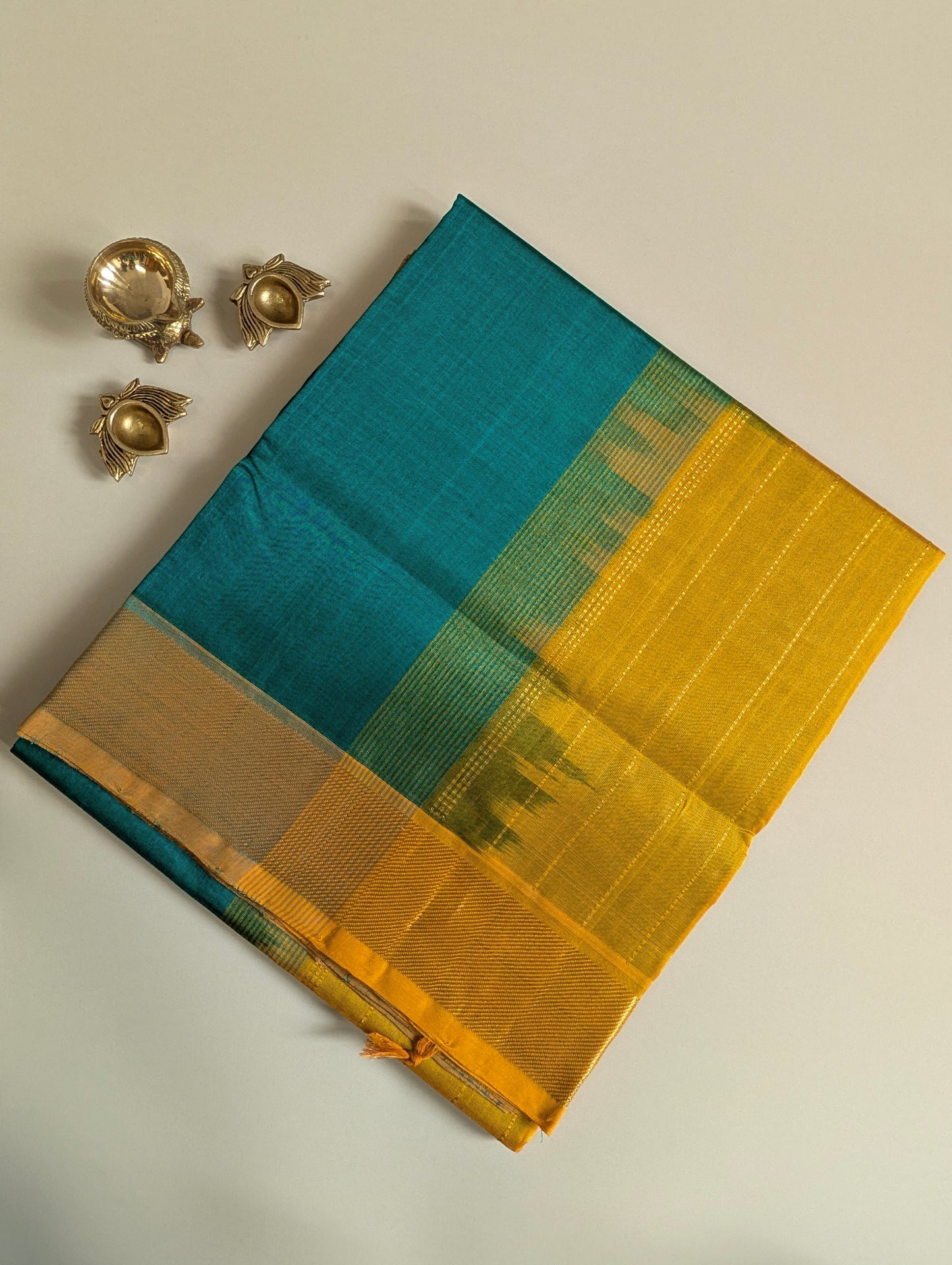 Peacock green with yellow Pure Kanchi silk cotton
