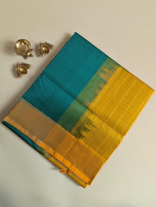 Peacock green with yellow Pure Kanchi silk cotton
