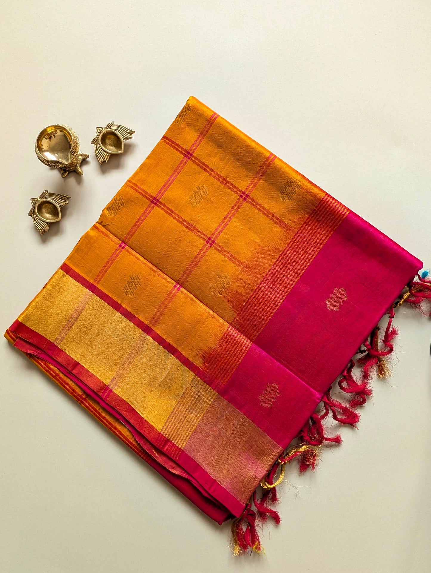Yellow and Pink checks with Butta Pure Kanchi Silk Cotton Saree