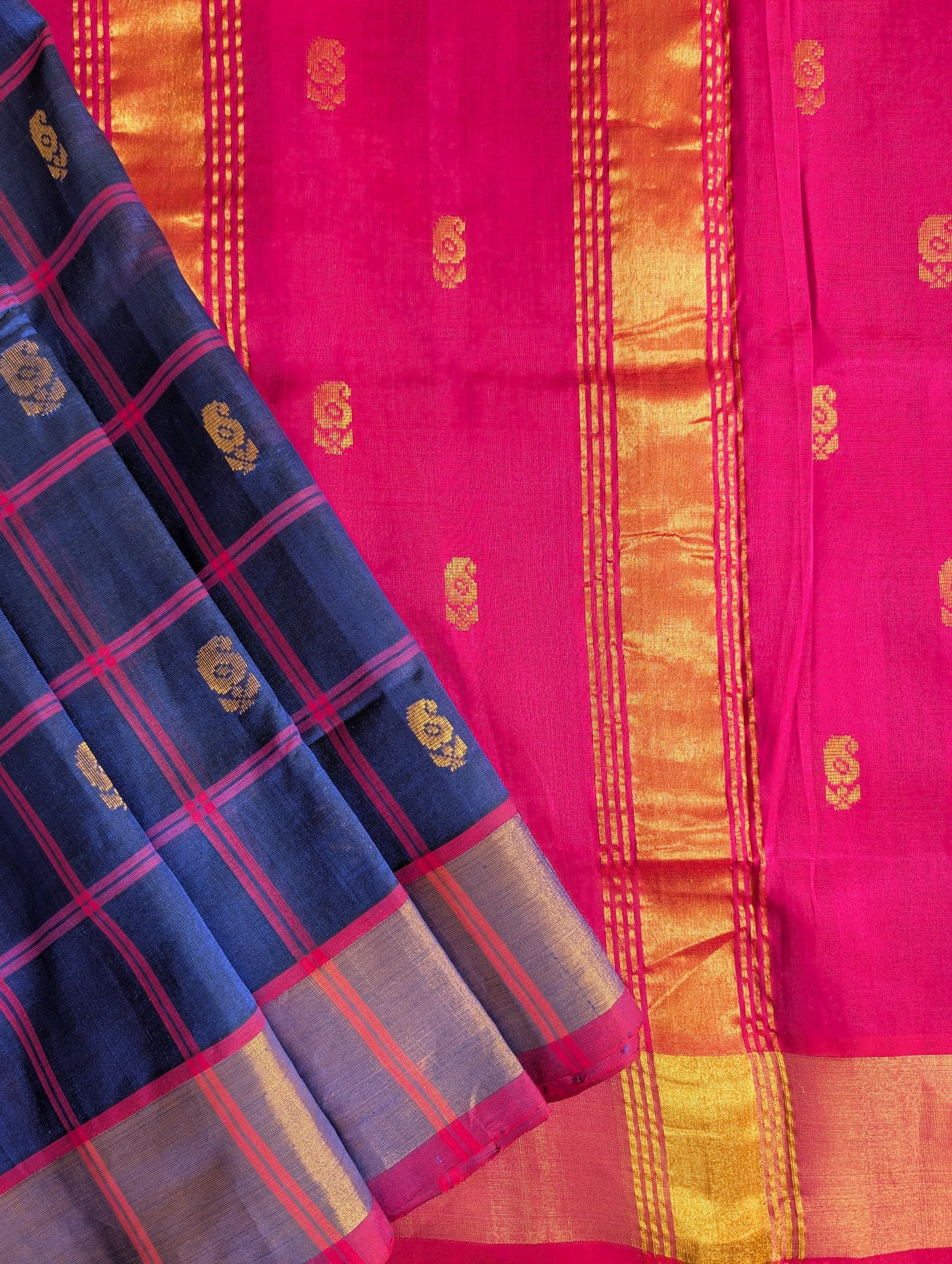 Blue with Pink Checks and Butta Pure Kanchi Silk Cotton Saree