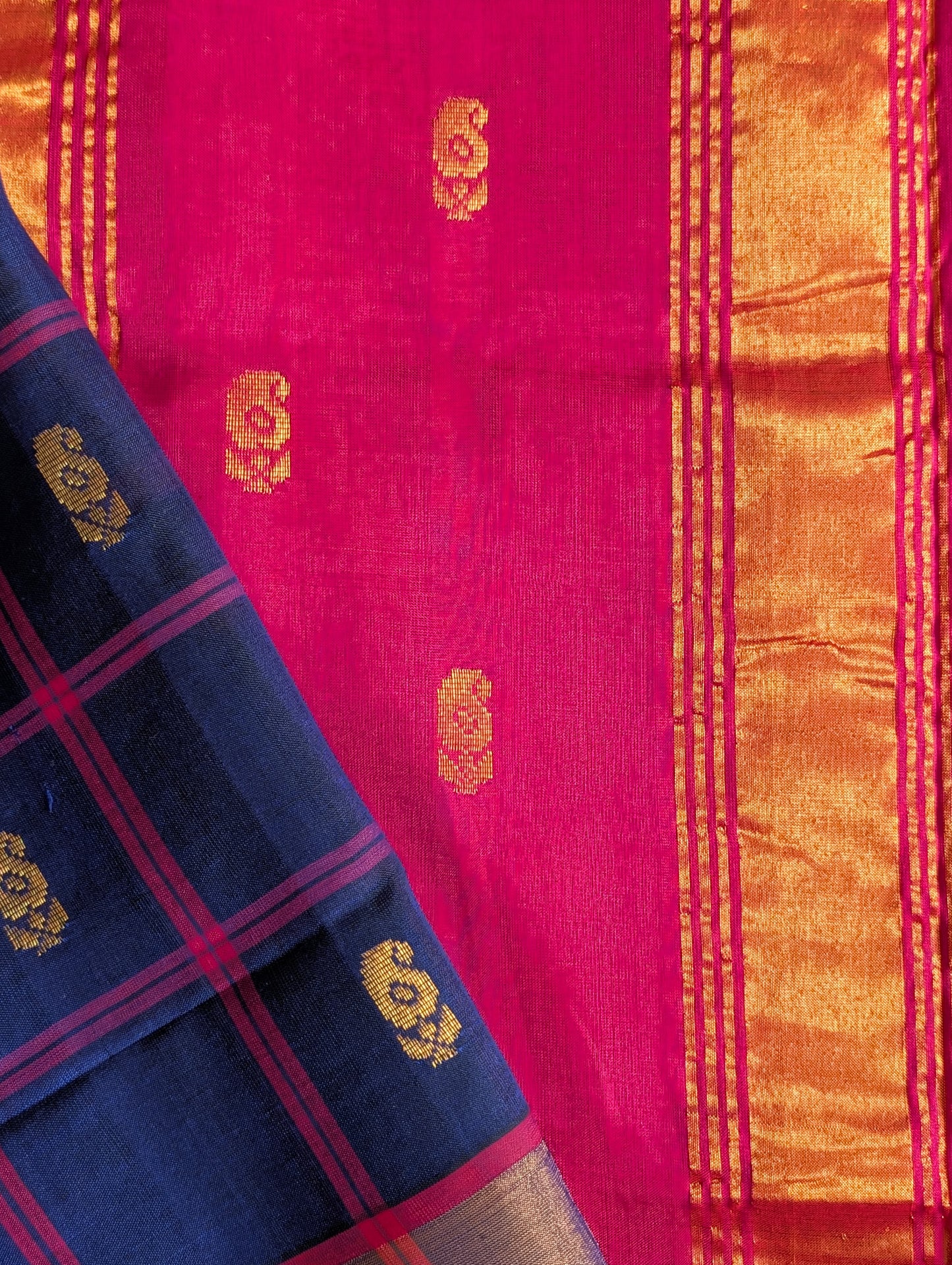 Blue with Pink Checks and Butta Pure Kanchi Silk Cotton Saree