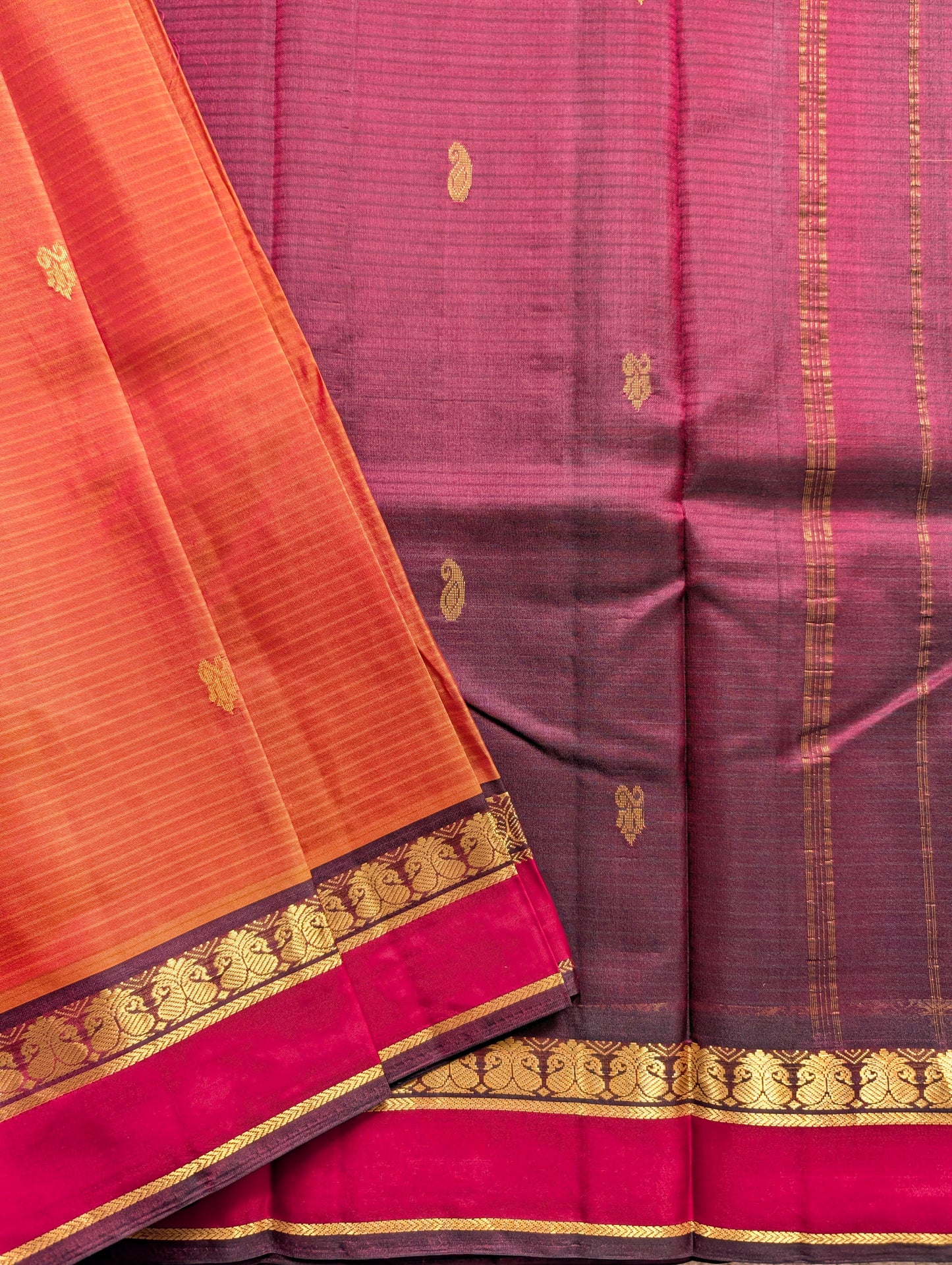 Orange with Maroon Pure Silk Saree