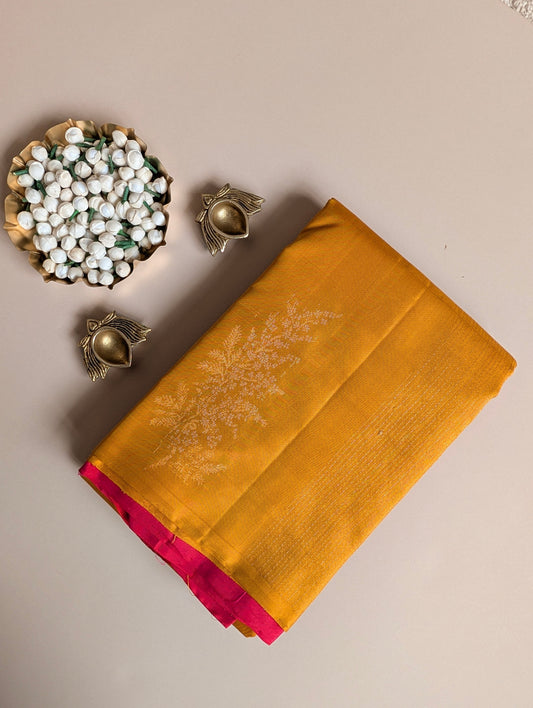 Golden Yellow with Red Borderless Kanjeevaram Silk Saree