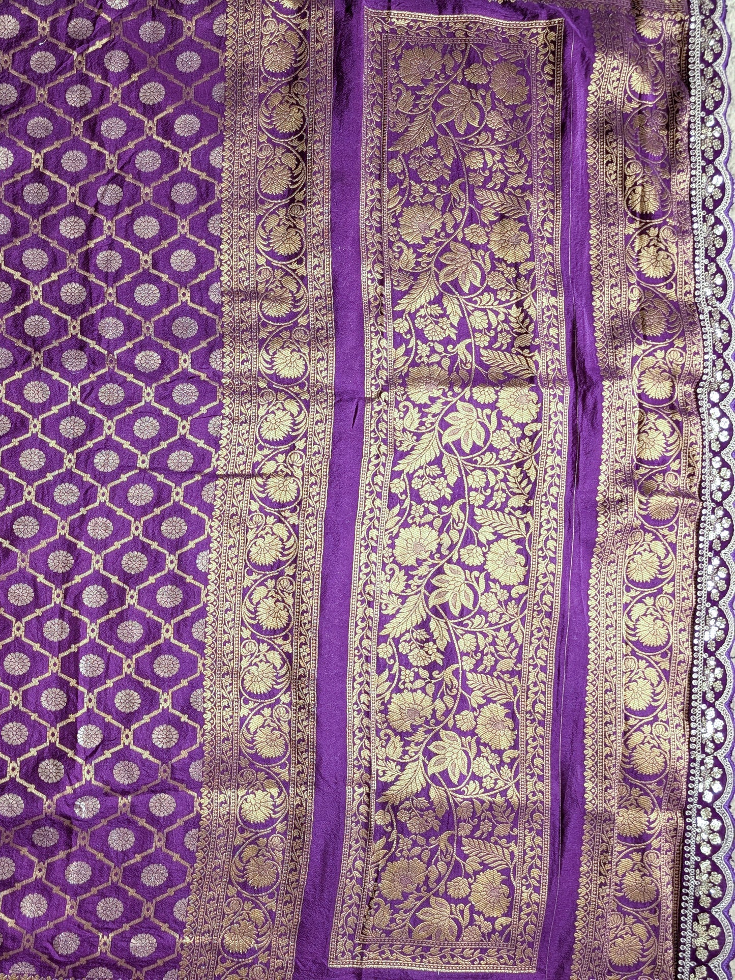 Purple Semi Banarasi Silk Saree with Scallop Border