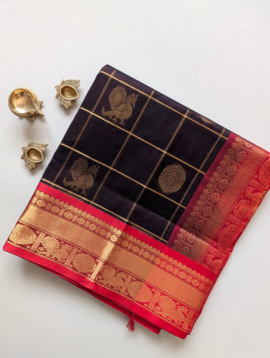 Coffee Brown with Red Pure Kanchi silk cotton