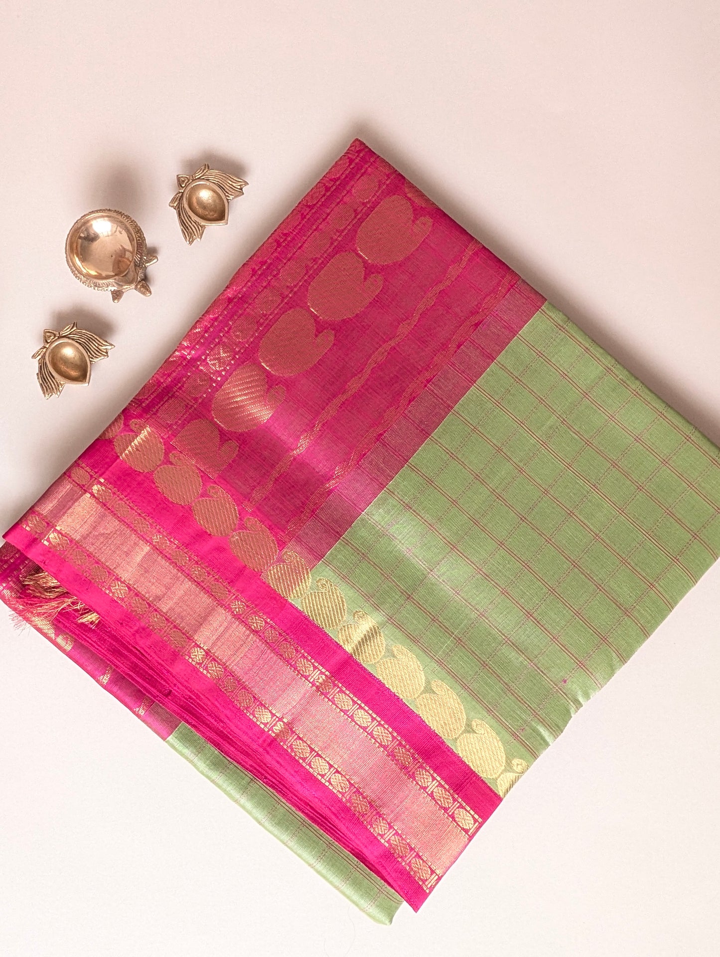 Green with Pink Mango Border checks pure Kanchi silk cotton