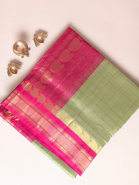 Green with Pink Mango Border checks pure Kanchi silk cotton