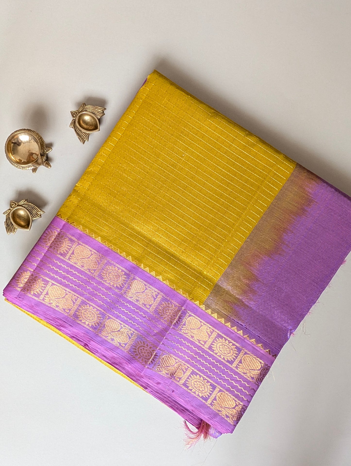 Yellow with Lavender pure Kanchi silk cotton