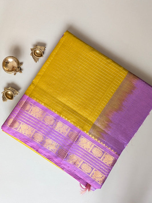 Yellow with Lavender pure Kanchi silk cotton