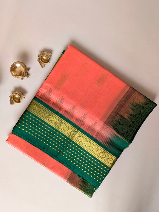 Kanakambara Orange with Green temple border Kanchi silk cotton