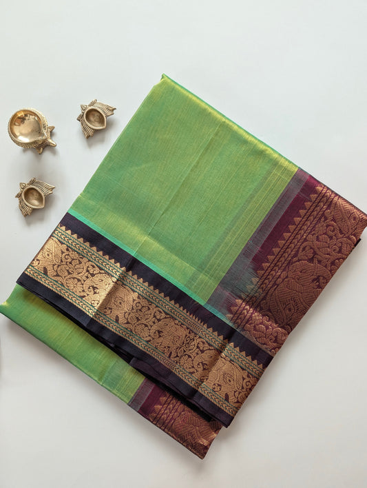 Parrot Green with Brown Koravi Pure Kanchi silk cotton
