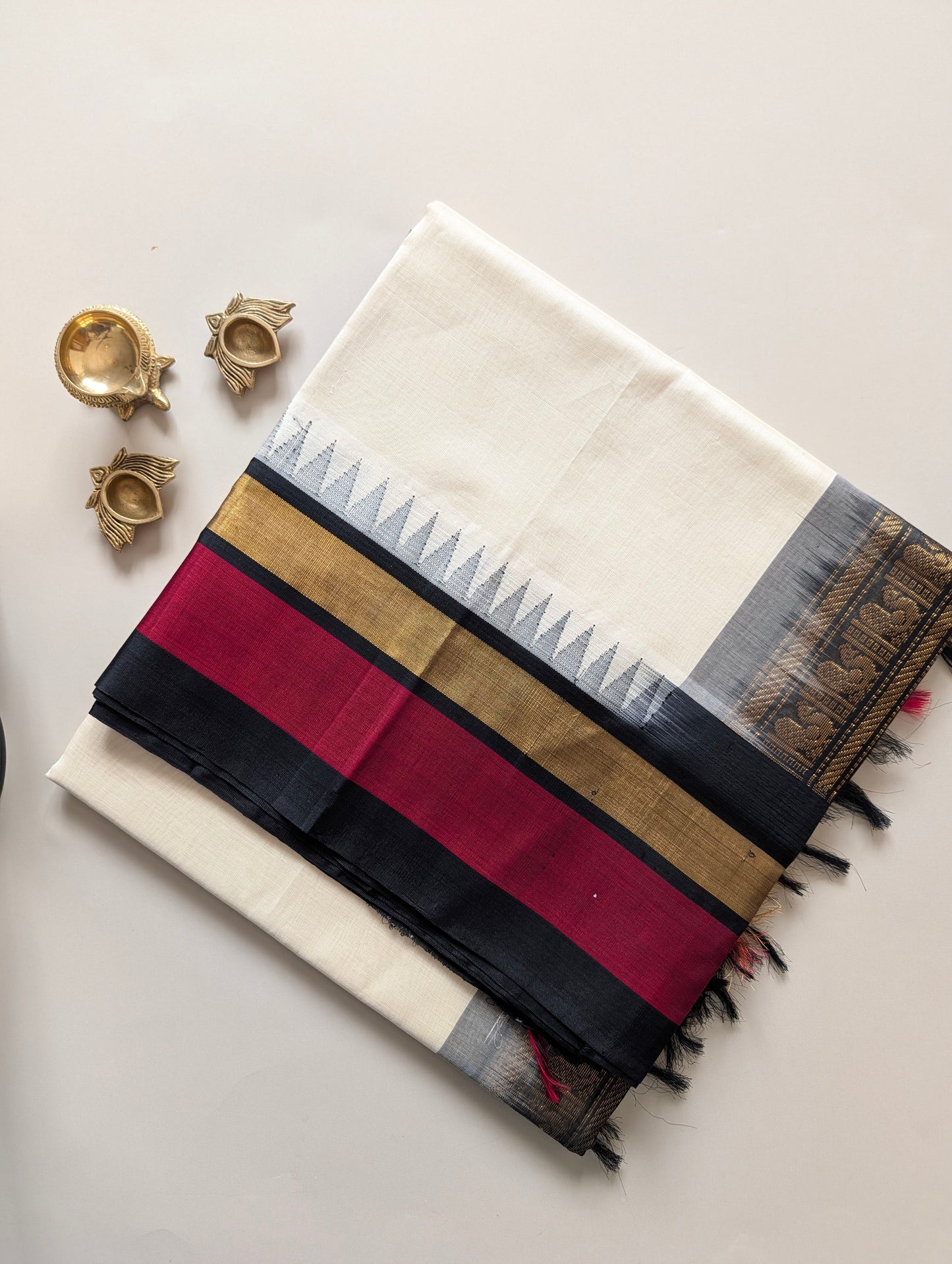 White with Black temple border Pure Kanchi Silk Cotton