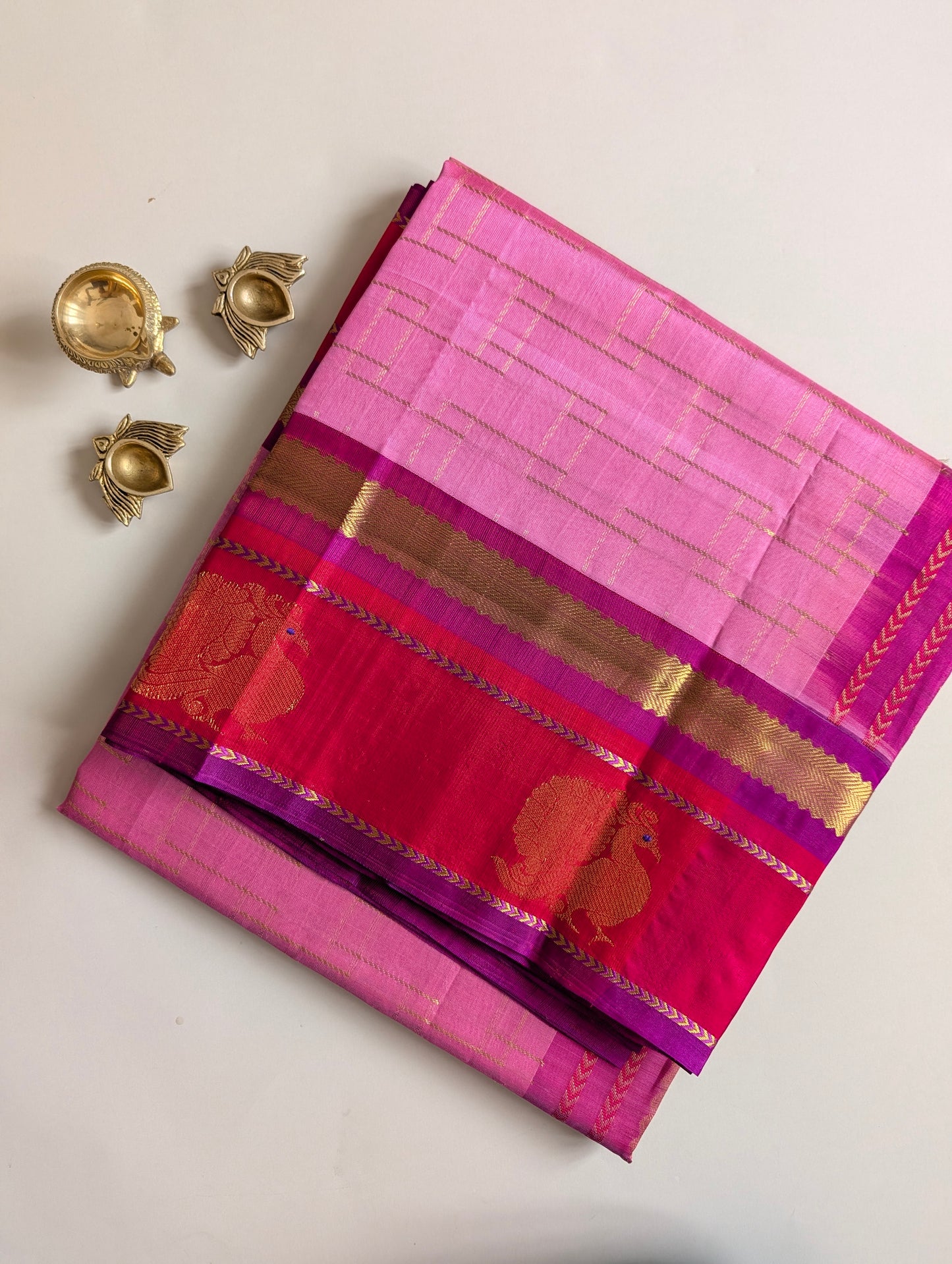 Pink with Red Peacock Big Border Pure Kanchi Silk Cotton