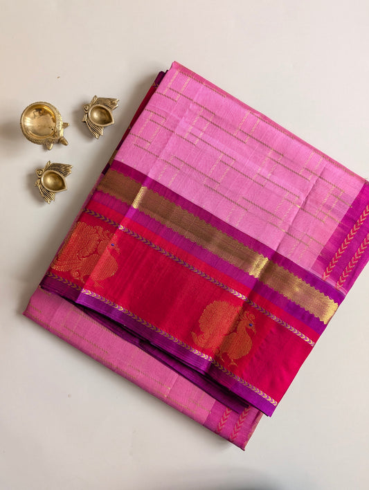 Pink with Red Peacock Big Border Pure Kanchi Silk Cotton