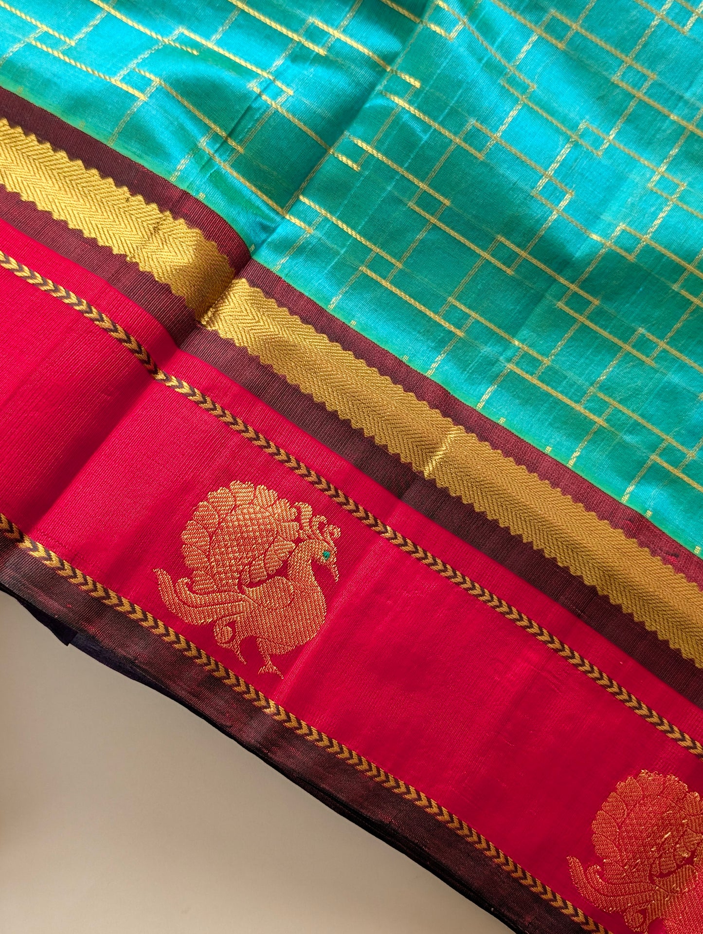 Turquoise with Red Peacock Big Border Pure Kanchi Silk Cotton