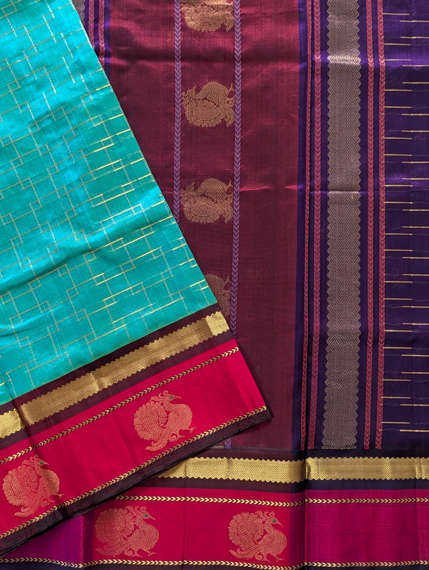Turquoise with Red Peacock Big Border Pure Kanchi Silk Cotton